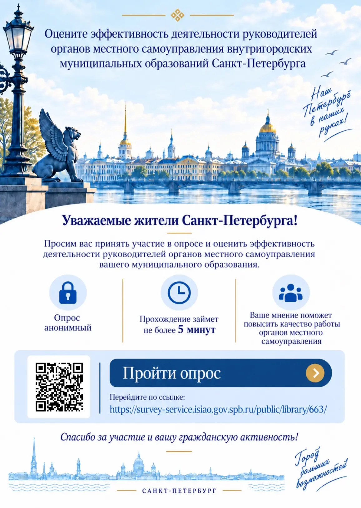 ✔️📋Сейчас проходит опрос жителей Санкт-Петербурга об оценке эффективности деятельности...