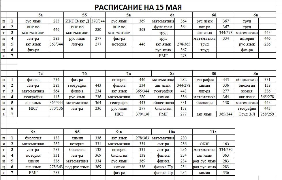 Расписание на 15 мая
