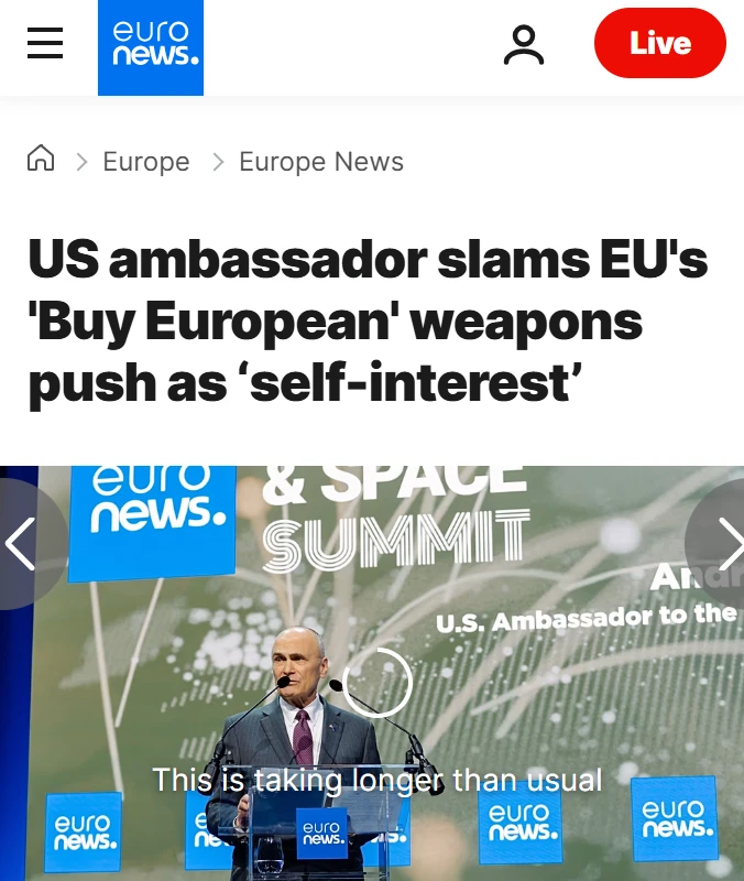 🇺🇸 🇪🇺 Посол США при ЕС назвал европейскую инициативу по приоритетной закупке оружия...