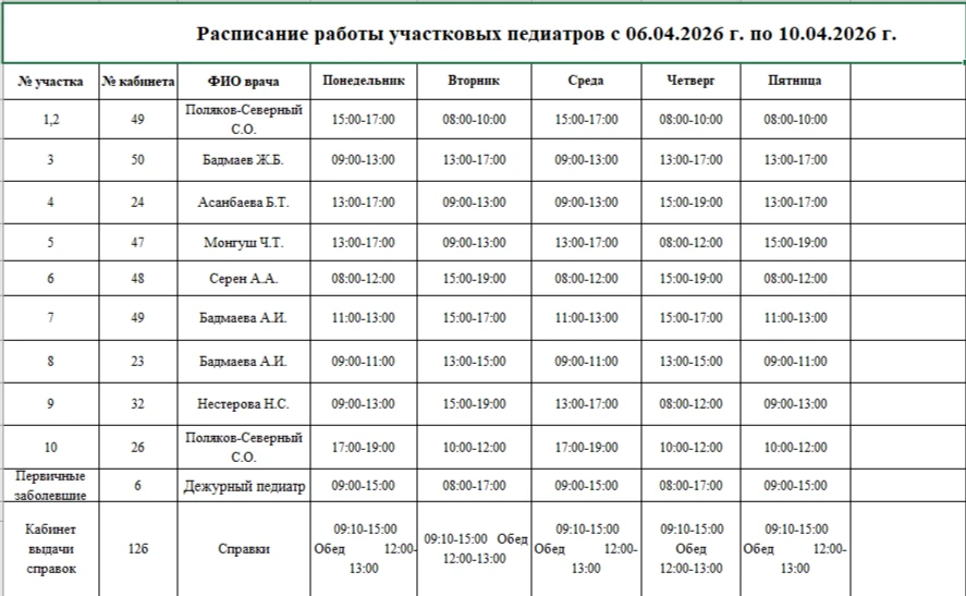 🥼🕐Расписание работы специалистов с 06.04.2026 г. по 10.04.2026 г.