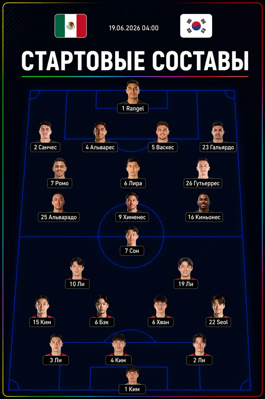 🇲🇽 Мексика – Южная Корея 🇰🇷 

Стартовые составы команд! 🔥

@ifootball
