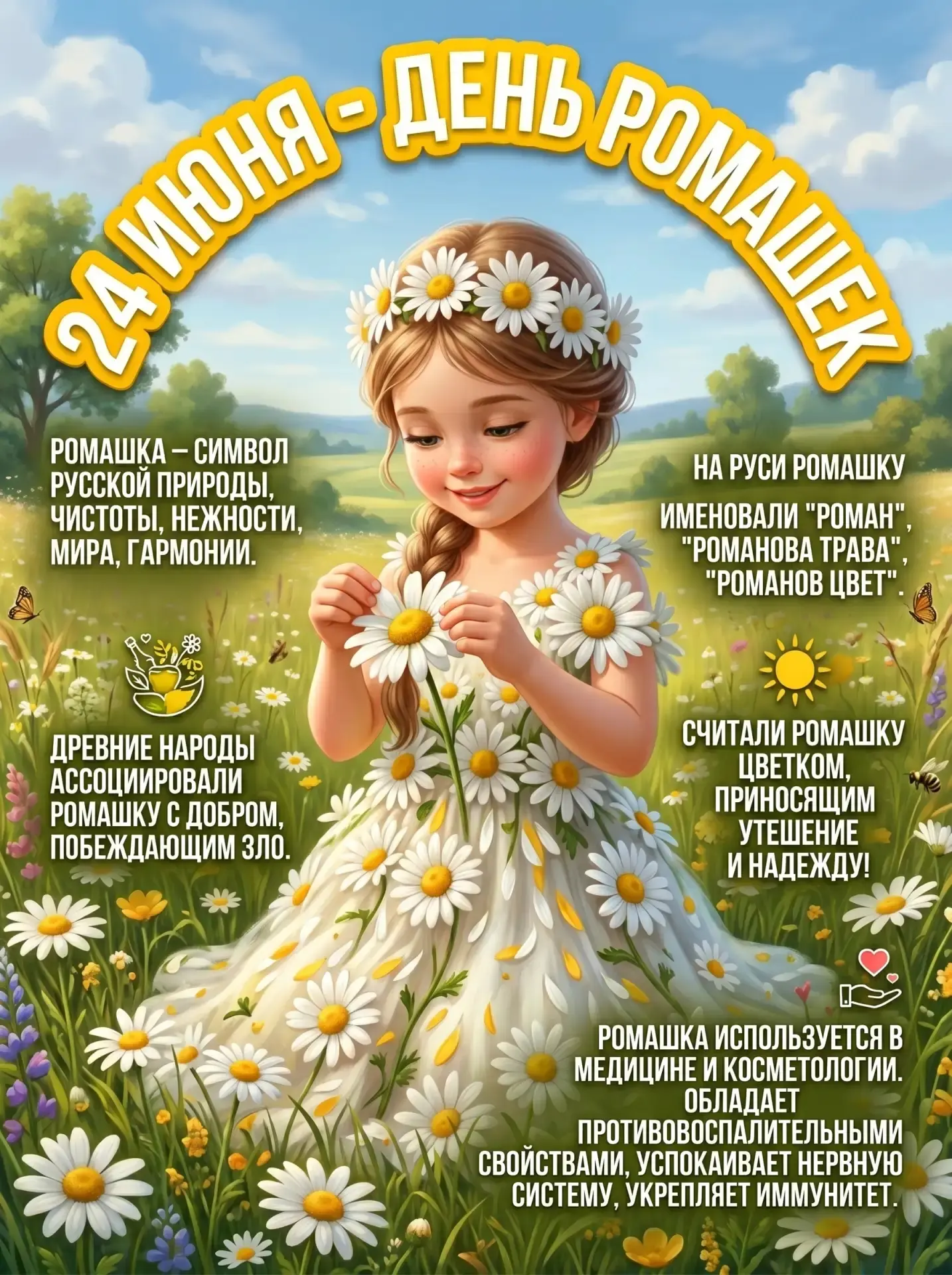 🌼Я ромашку на лугу
Отыскать всегда смогу:
В белом платьице она
И нарядна, и скромна.

    ❓😊Если с