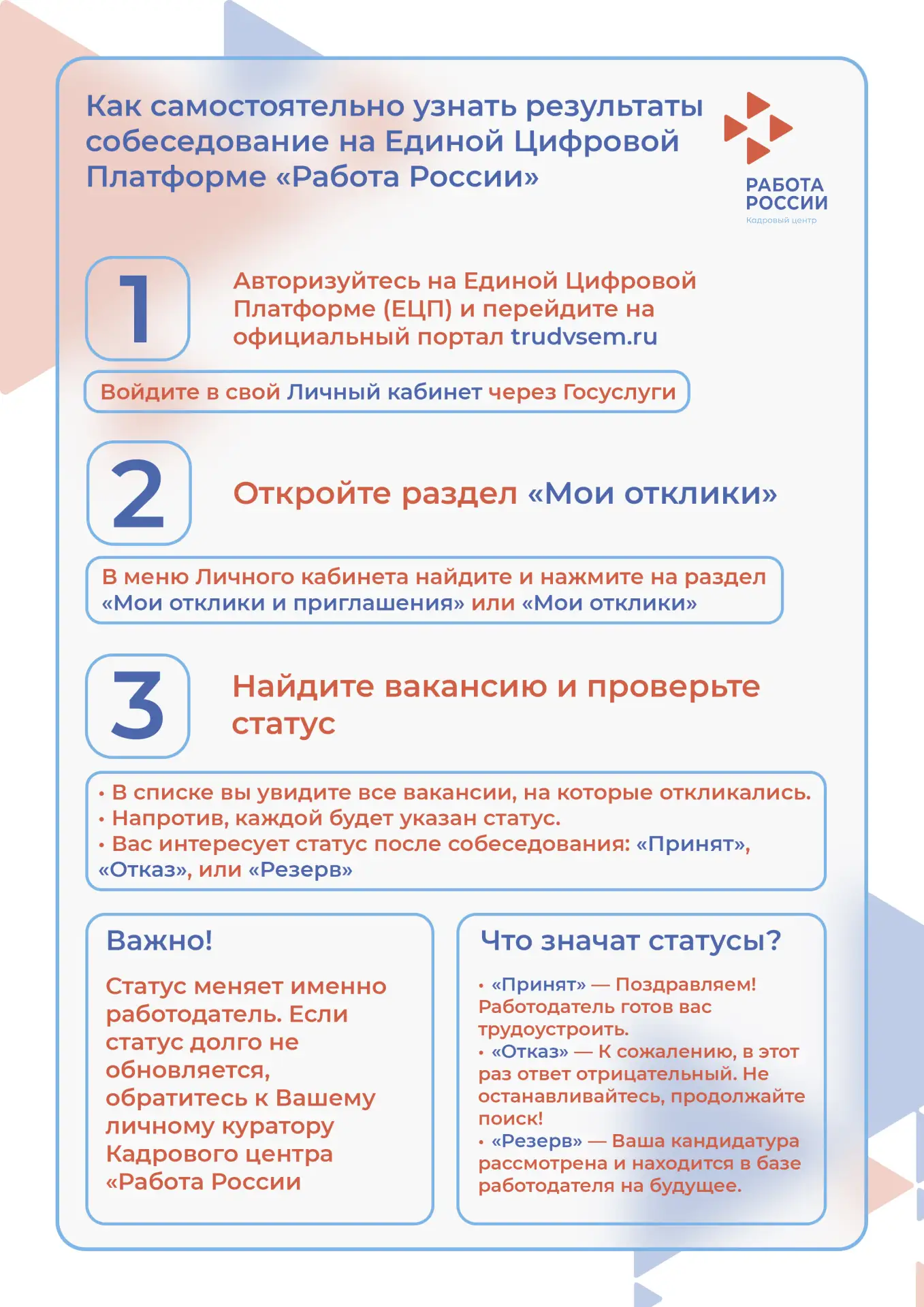 📌Узнайте результат собеседования на «Работа России»!

#РаботаРоссии