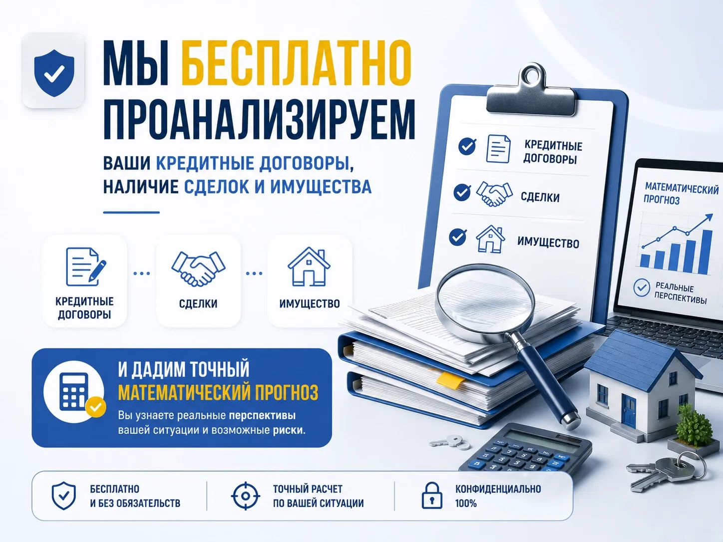 ￼Мы бесплатно проанализируем ваши кредитные договоры, наличие сделок и имущества и дади...