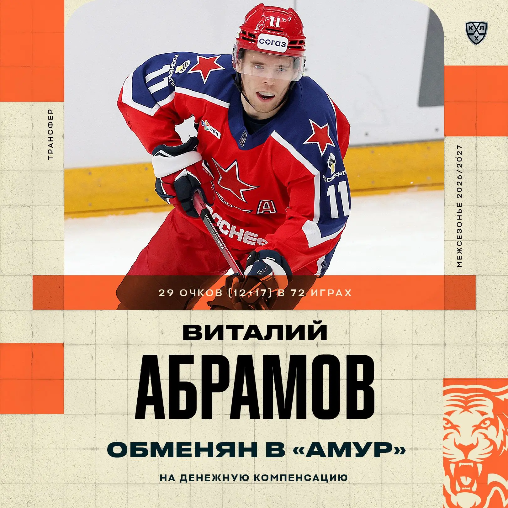 Виталий Абрамов стал «тигром» — хабаровчане выменяли нападающего из ЦСКА!

LIVE трансферов дня