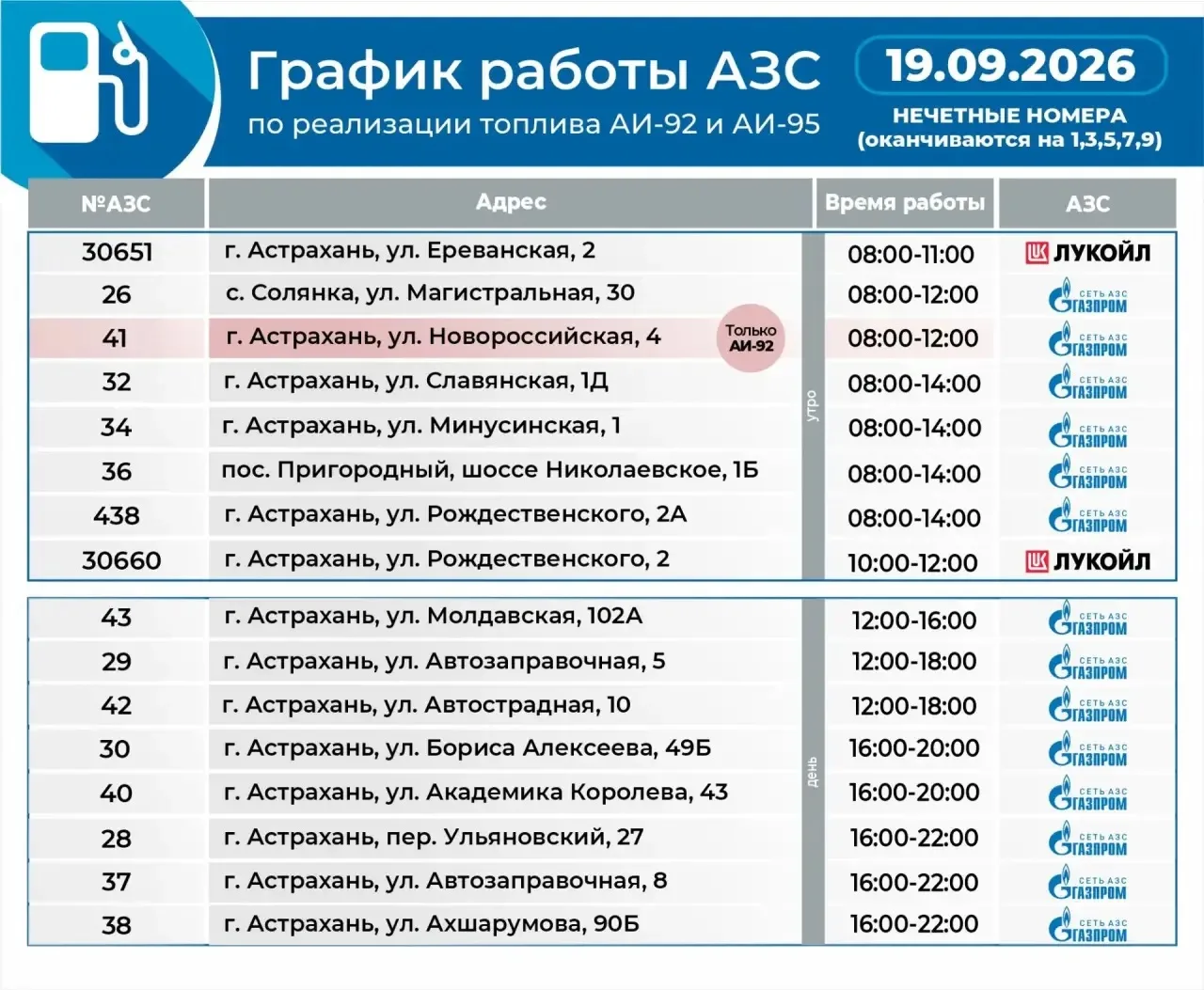 График работы АЗС на 19 сентября.