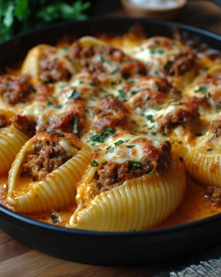 Это запеченные макароны-ракушки (конкильони), фаршированные мясом в томатно-сливочном с...