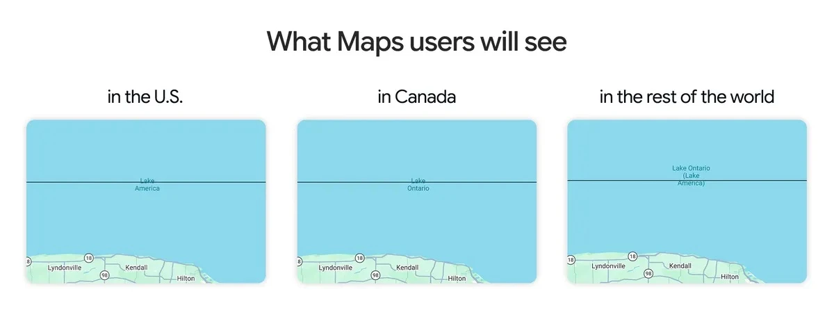 Озеро Онтарио теперь называется Америка в Google Maps. Но только для американцев