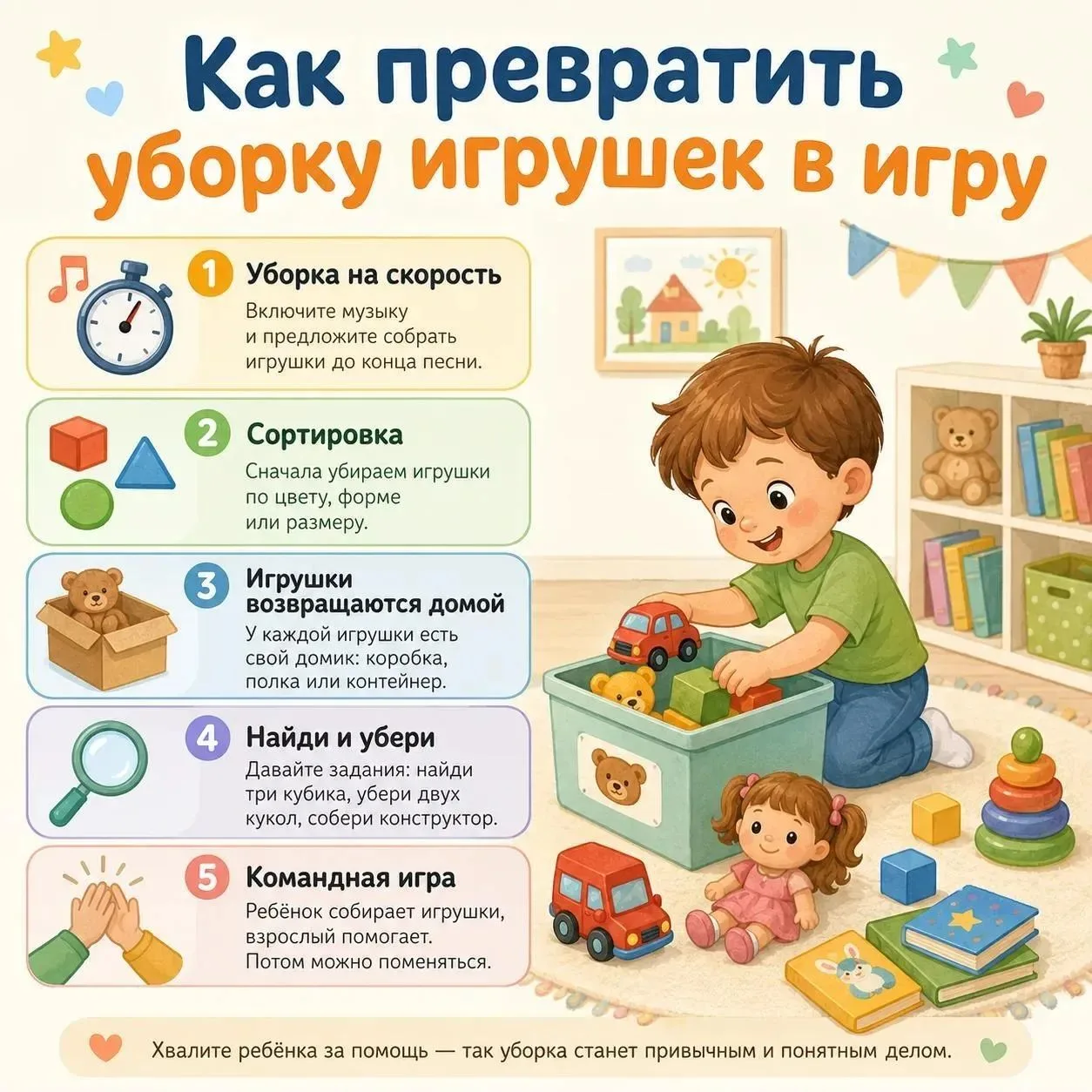 🧸 Уборка игрушек может быть не скучной обязанностью, а весёлой игрой

Музыка, задания на поиск, сор