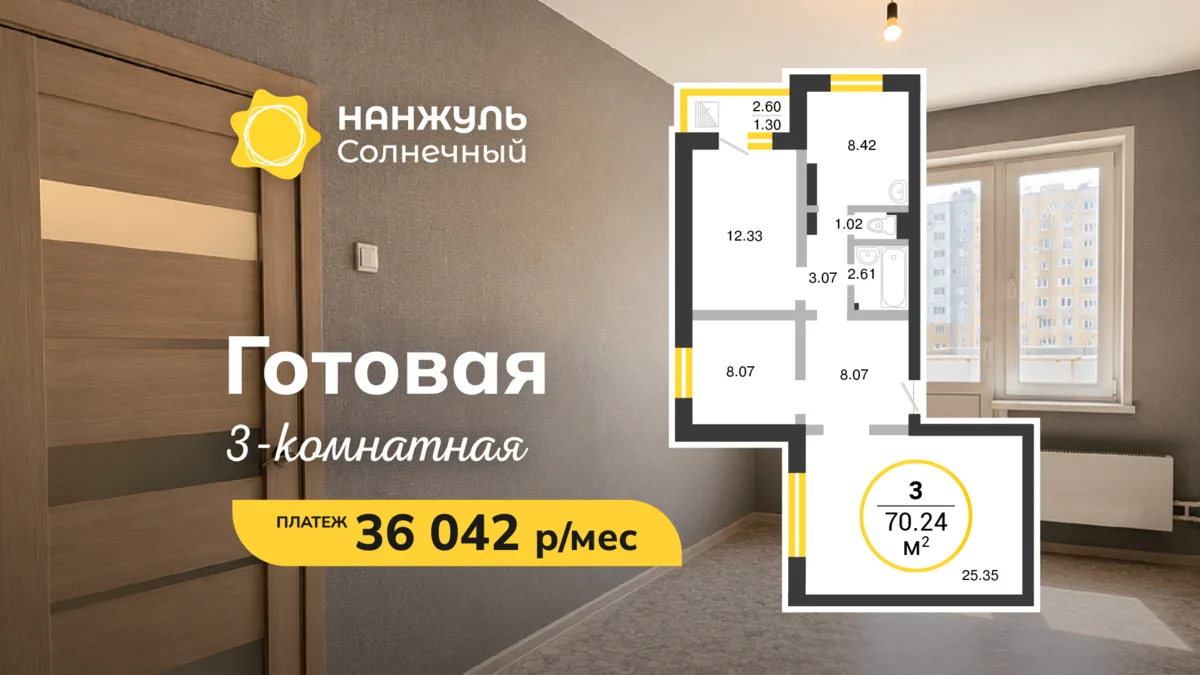 Готовая 3-комнатная с ремонтом — за 36 042 ₽ в месяц!