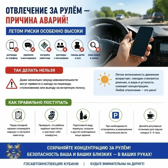 Отвлечение внимания за рулём – одна из основных причин дорожно-транспортных происшествий летом
 
 Ис