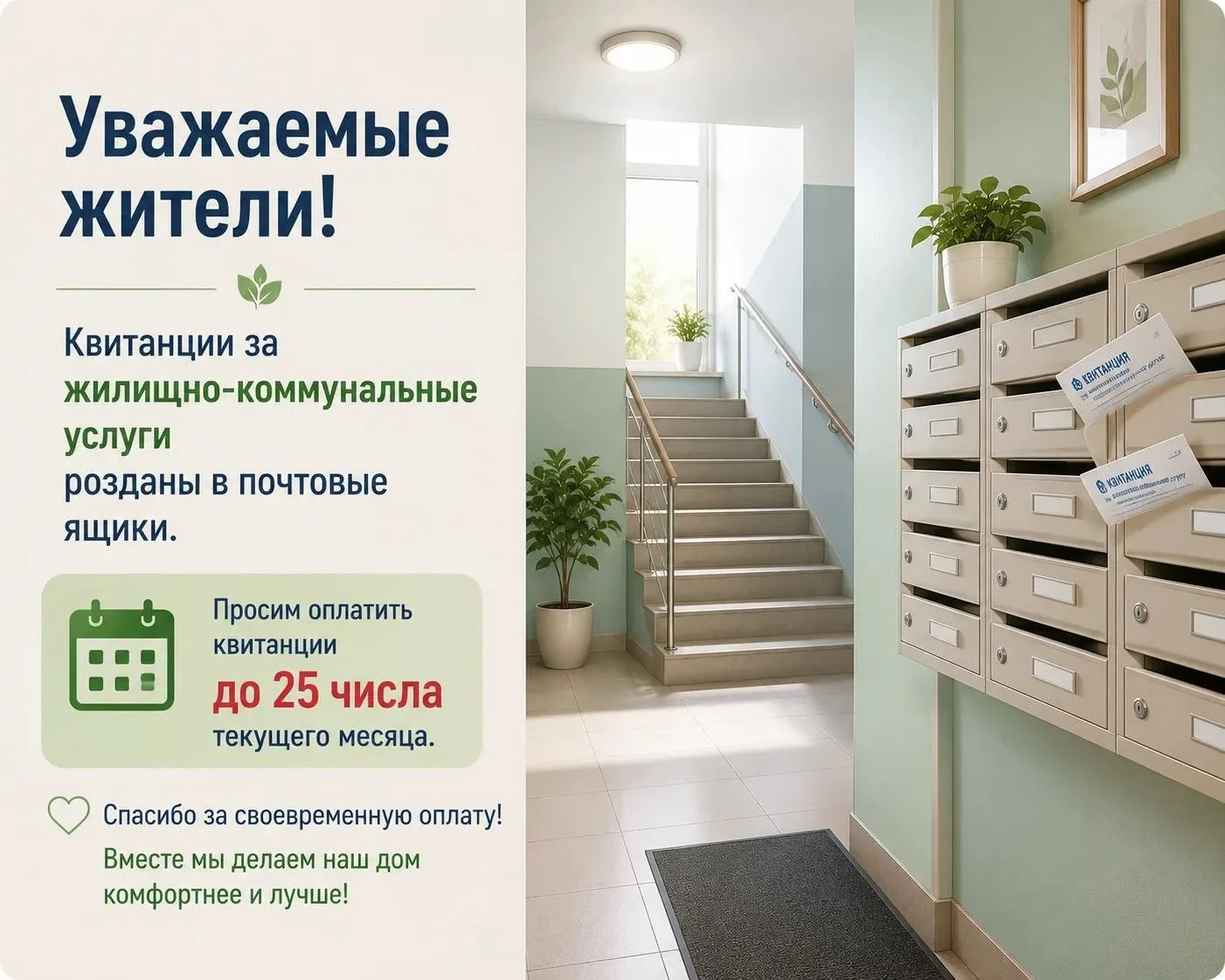 Уважаемые собственники!
Уведомляем вас о том, что квитанции за жилищно-коммунальные услуги за текущи