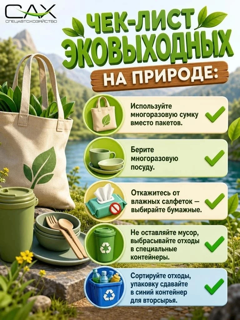 ✍Чек-лист эковыходных от АО «САХ»

🌿Впереди праздничные дни, и многие уже запланировали поезду за г