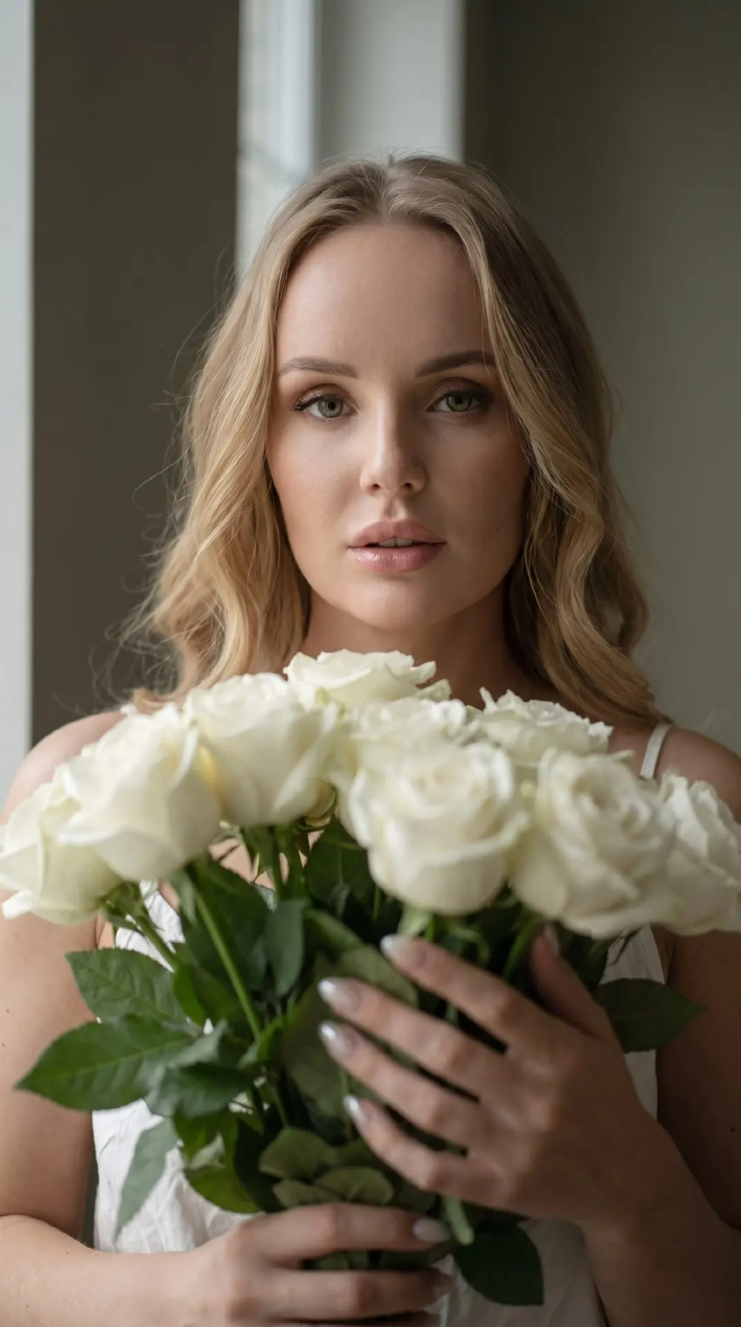 The woman holds a bouquet in front of her, looking directly at the camera. The portrait...