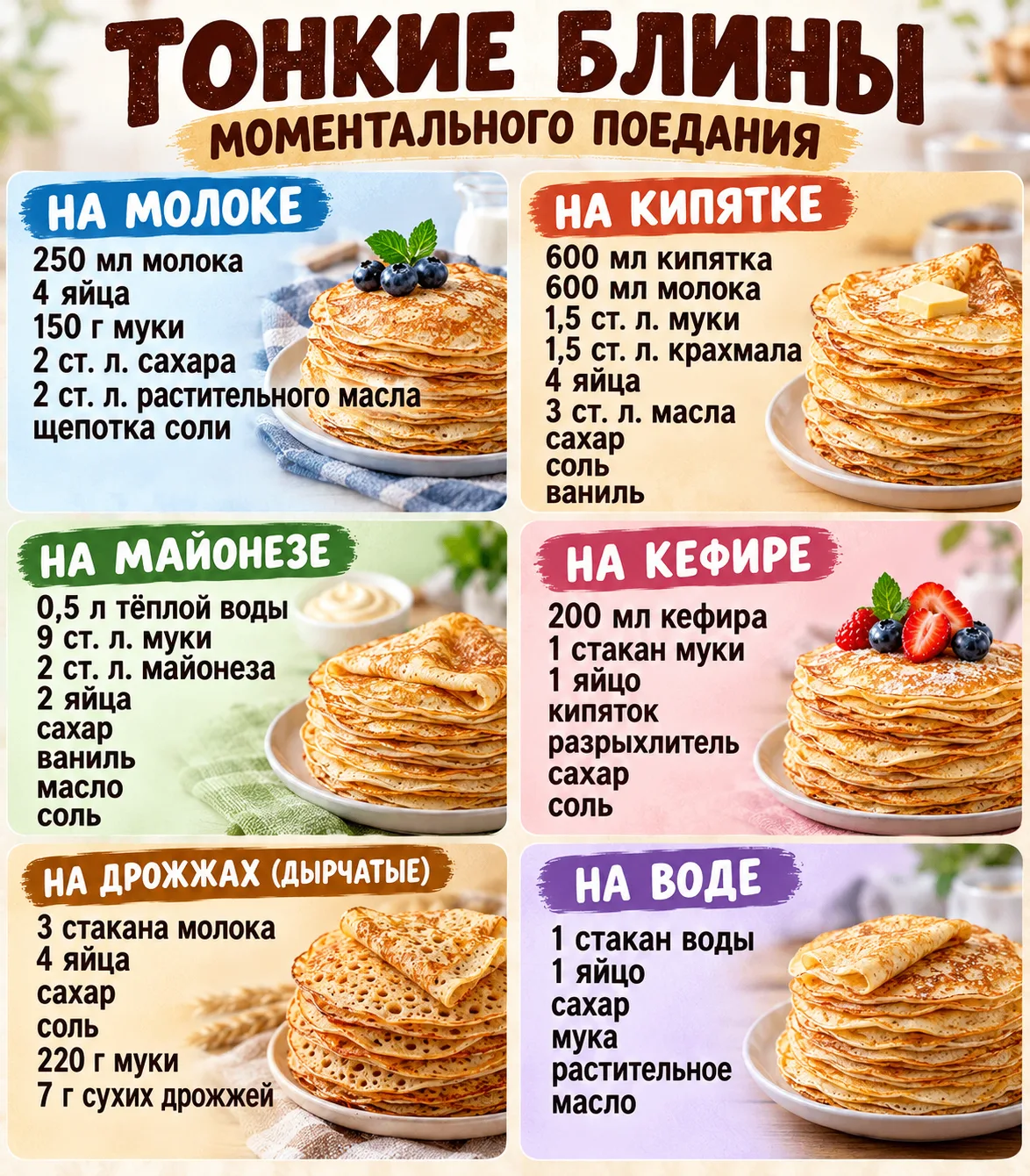 🥞 6 проверенных рецептов тонких блинчиков на любой вкус!