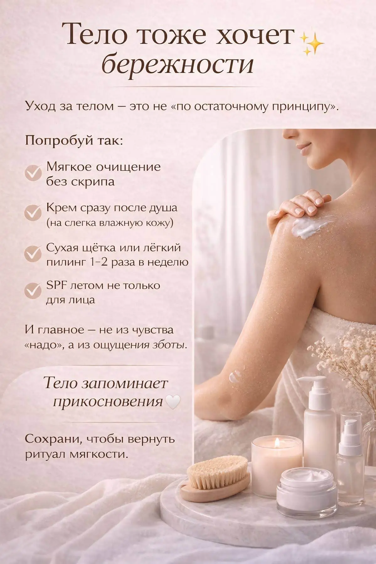 🌿 УХОД ЗА ТЕЛОМ

Тело — твой самый верный спутник.
Любовь к нему начинается с маленьких привычек: д