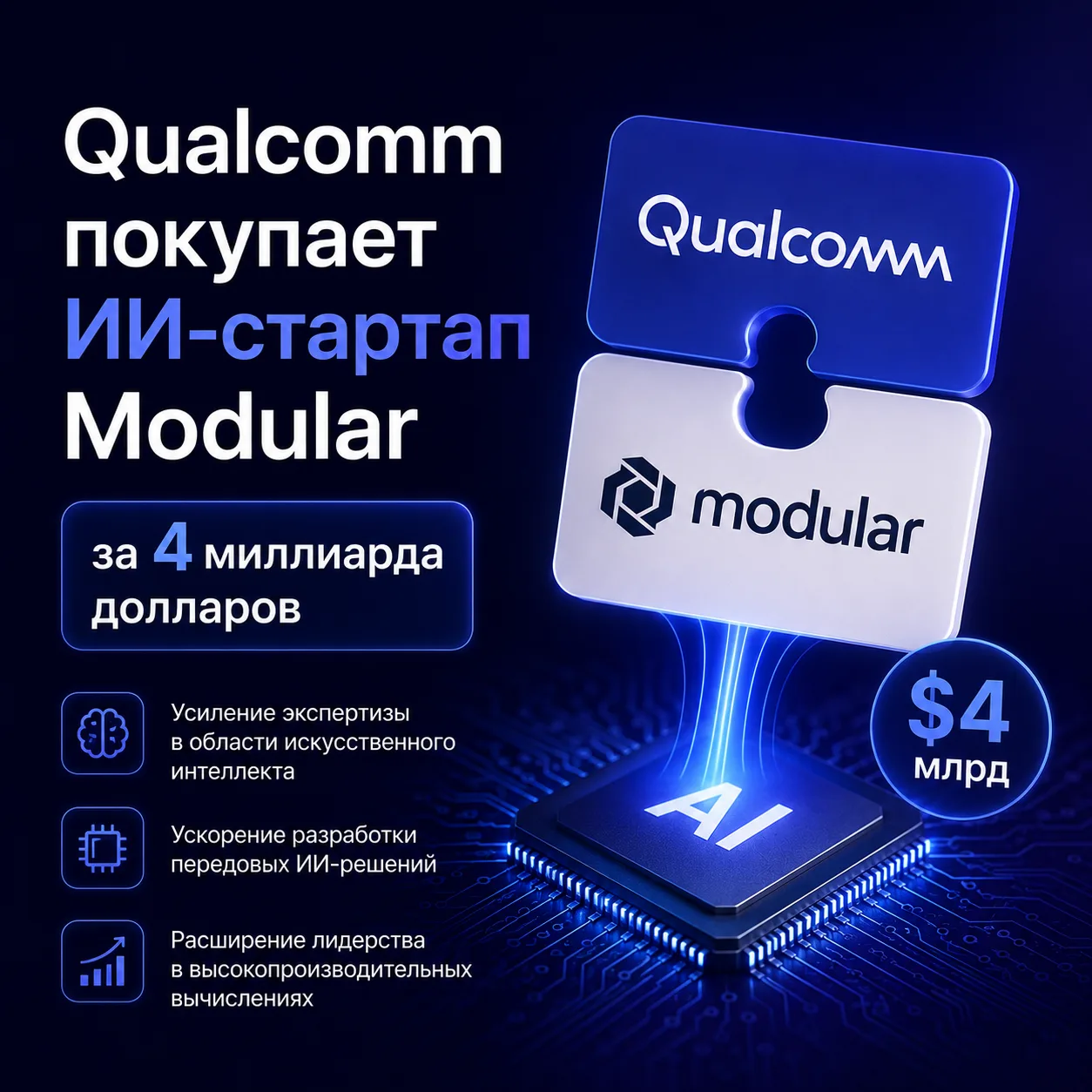 💲 Qualcomm покупает ИИ-стартап Modular за $4 млрд

24 июня Qualcomm объявила о покупке Modular за п