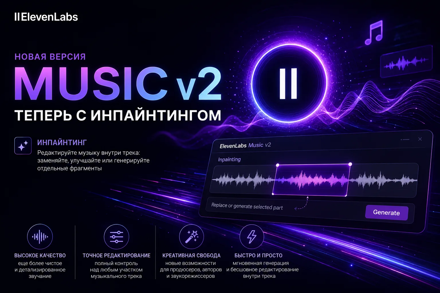 🎵 ElevenLabs обновили музыкальную нейросеть. Теперь можно чинить треки точечно