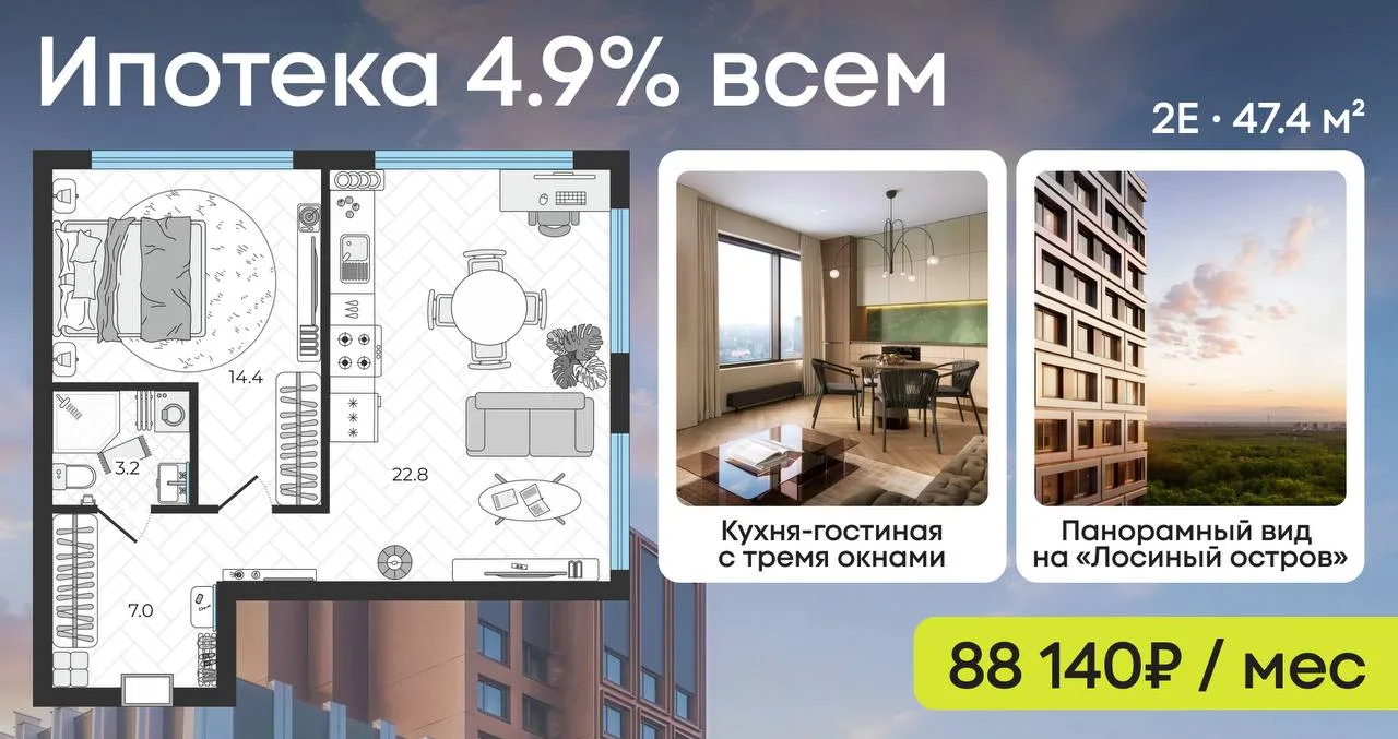 Ставка 4.9% всем 🌿 Евродвушка у Лосиного острова в 5 минутах пешком от метро