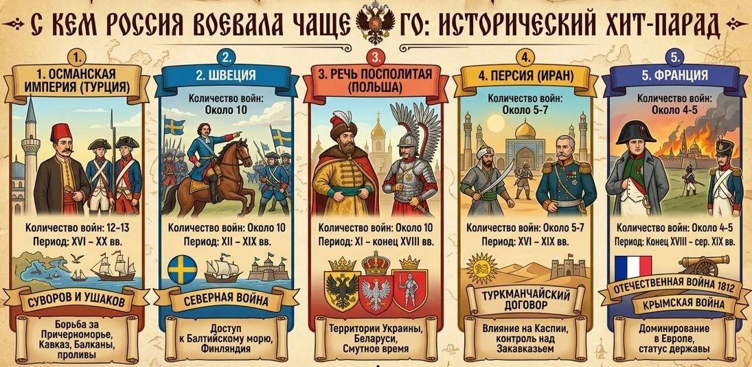 С кем мы воевали чаще всего: топ главных оппонентов России  Многие привыкли считать Германию главным