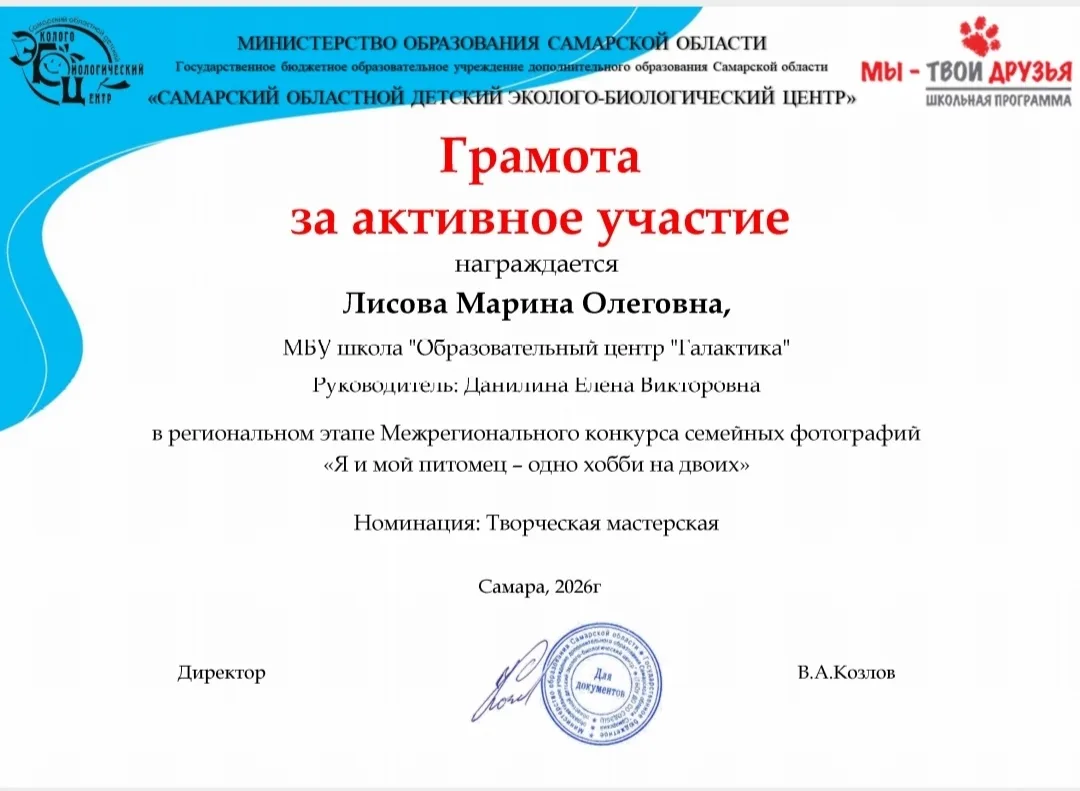Ученица 5Ж класса Лисова Марина приняла участие в региональном этапе межрегионального конкурса семей