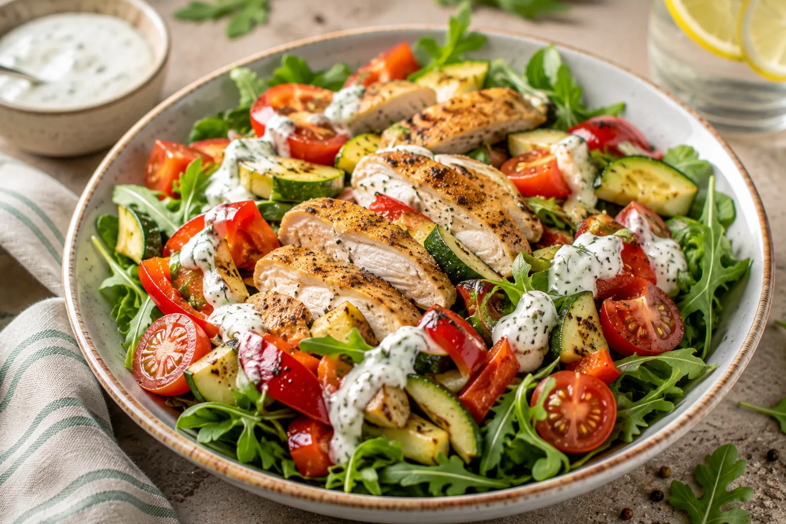 🥗 Тёплый салат с курицей, овощами и йогуртовой заправкой