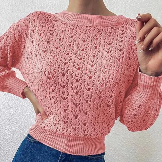 Нежный розовый пуловер с ажурным узором от Shein.