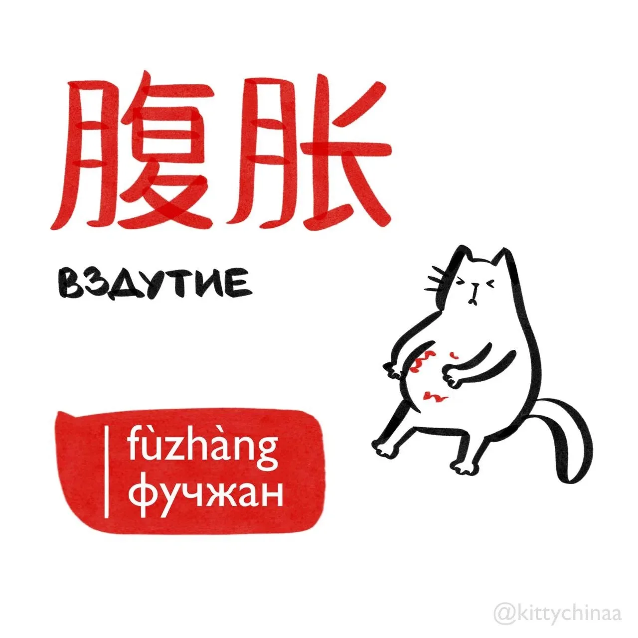 #вздутие – 腹胀 [fùzhàng]

Связанные слова:
1. Нездоровится 不适 [búshì]
2. Боль в животе 腹痛 [fùtòng]
3.