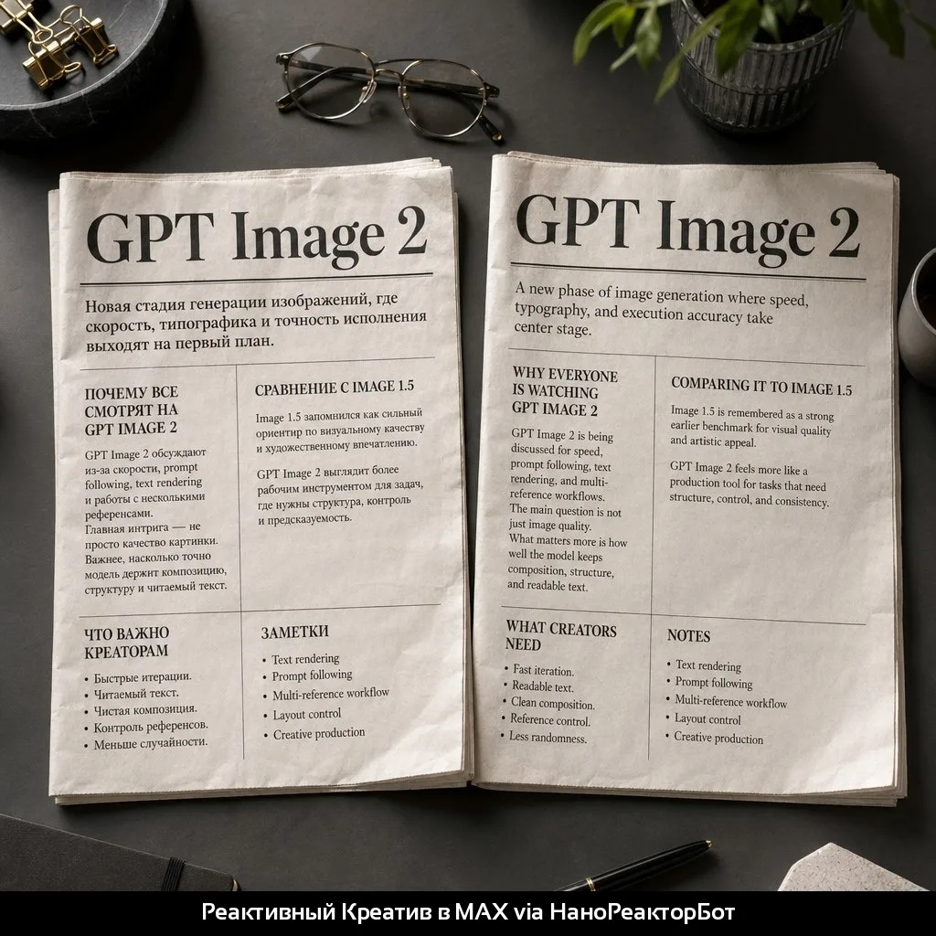 Проверили GPT Image 2 на большом типографическом промпте: две газеты, русский и английский, много за