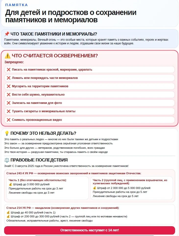 Памятка для детей и подростков о сохранении памятников и мемориалов
 
Памятники и мемориалы — это на