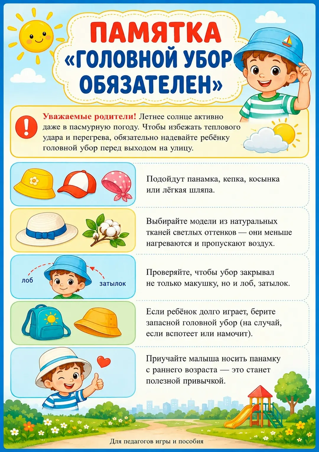 ☀️Коротко о главном: летний чек-лист, который сохранит здоровье вашего ребёнка:
✅ Не забывайте про г
