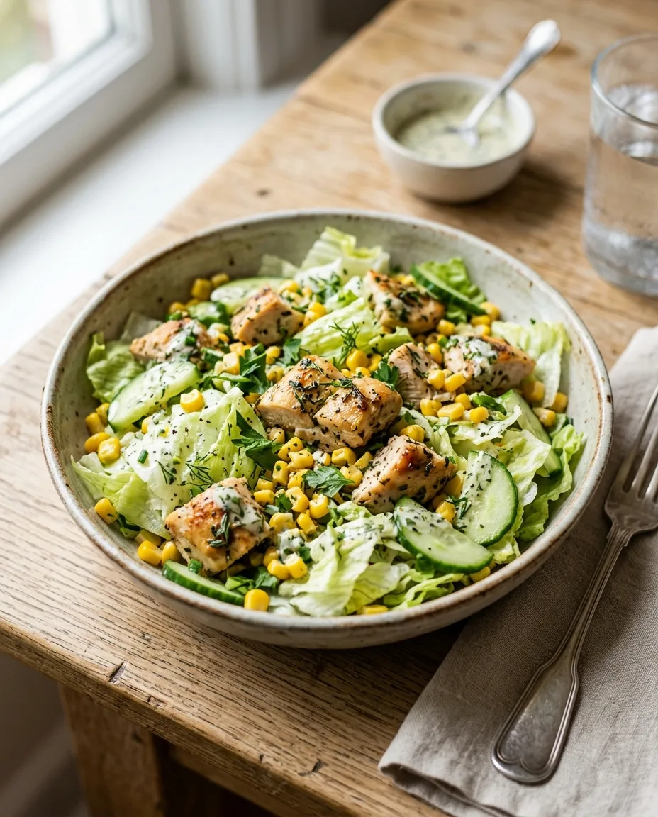 Салат с печёной курицей и кукурузой

Ингредиенты:
• айсберг — 150 г
• запечённая курица — 150 г
• ку