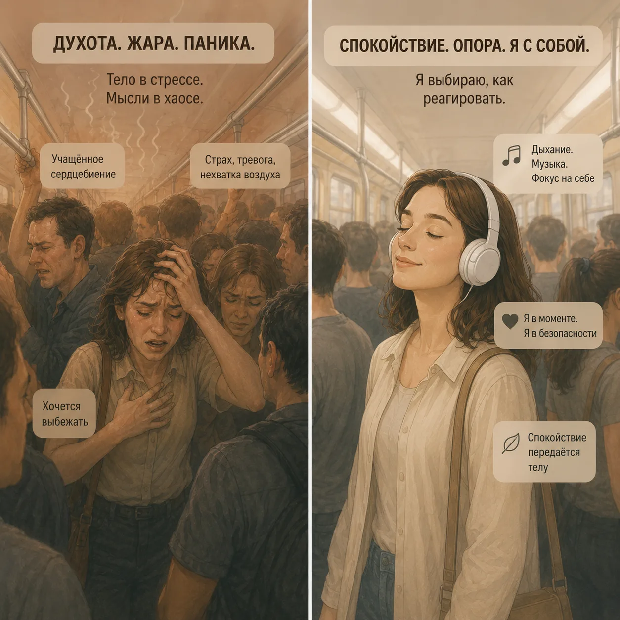 Душный вагон. Толпа. Сердце колотится. Воздуха не хватает.