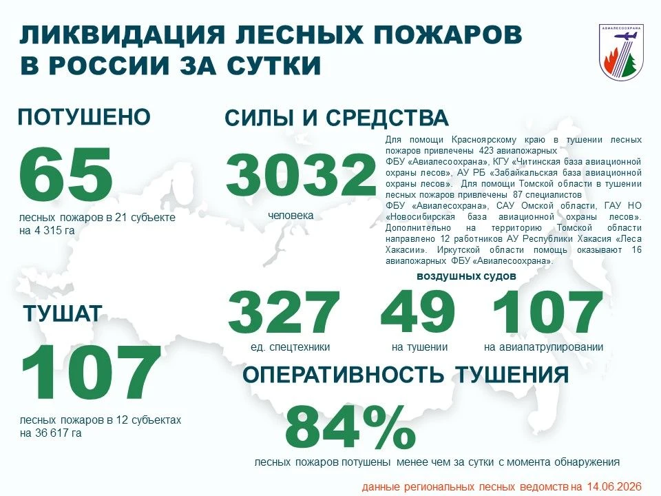 ⚡️За прошедшие сутки в России потушено 65 лесных пожаров в 21 регионе.