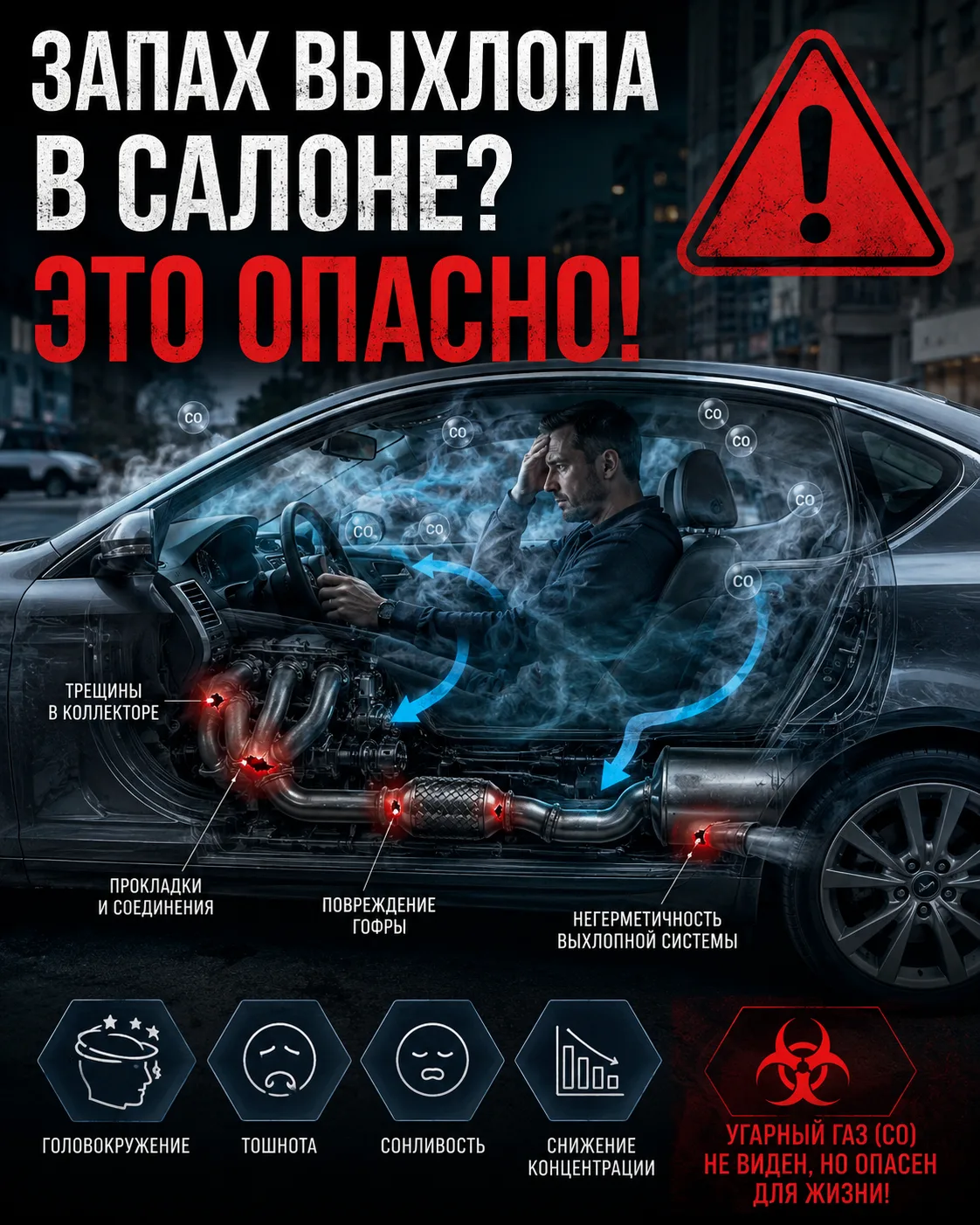 🚗 Запах выхлопа в салоне — это не мелочь, а реальная угроза