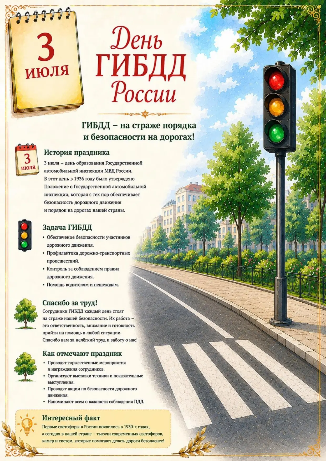Безопасные каникулы: твой маршрут к летнему отдыху!
3 июля — День ГИБДД (Госавтоинспекции). В этот д