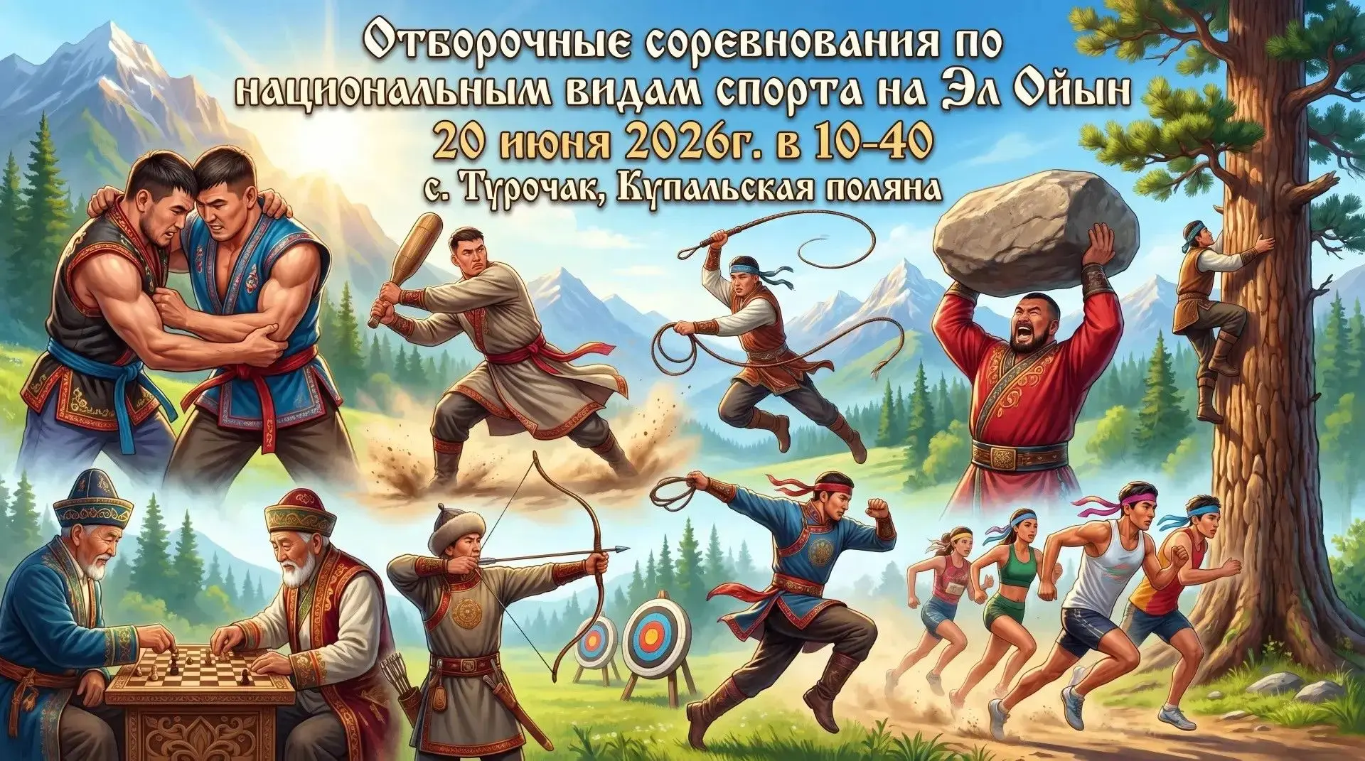 ✨В программе:

✅ Борьба «Куреш»
✅Метание булавы
✅Камчы
✅Поднятие камня
✅Алтай шатра
✅Стрельба из лук