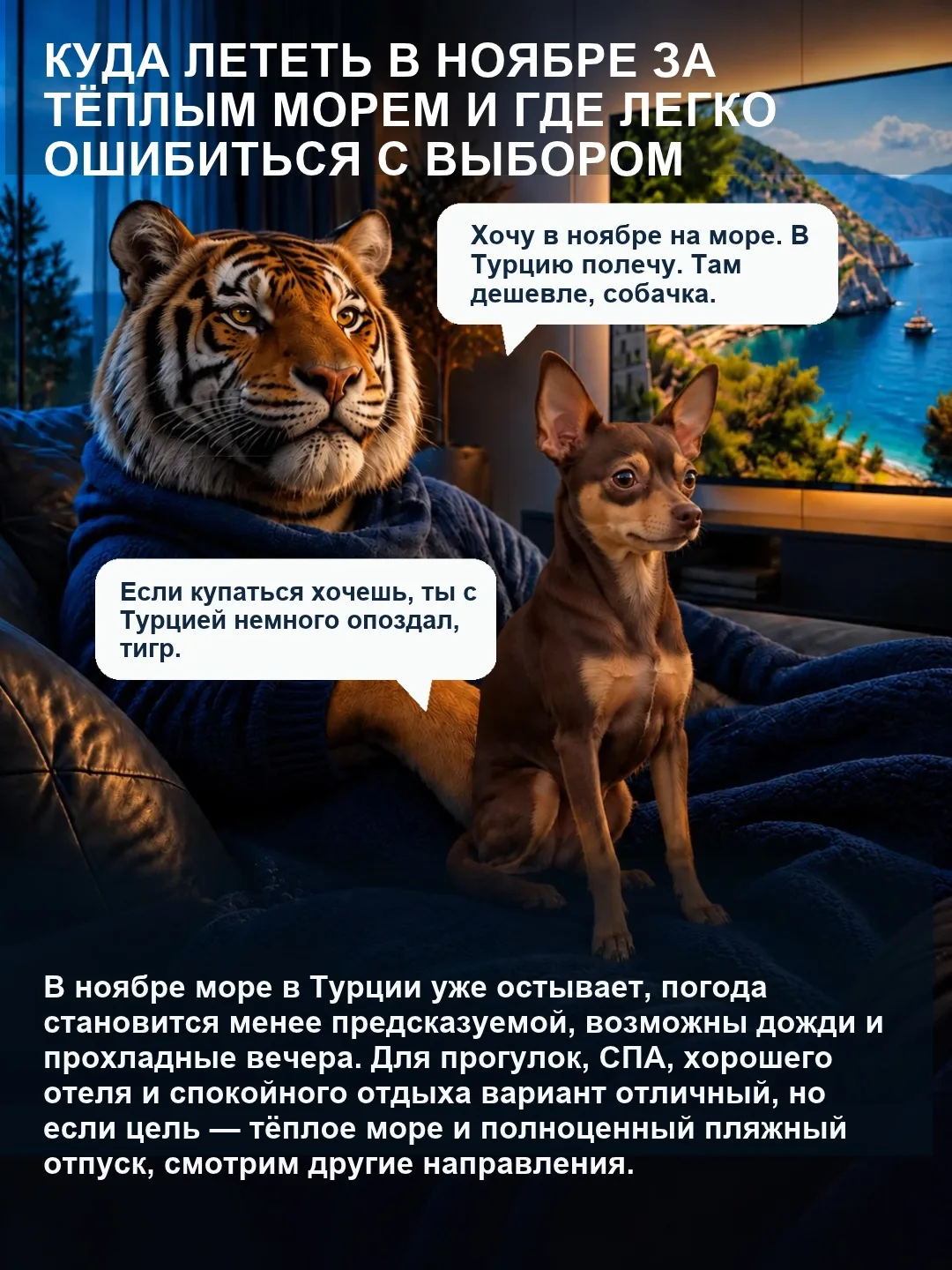 «Хочу в ноябре на тёплое море. В Турцию полечу, там дешевле», - решил тигр.