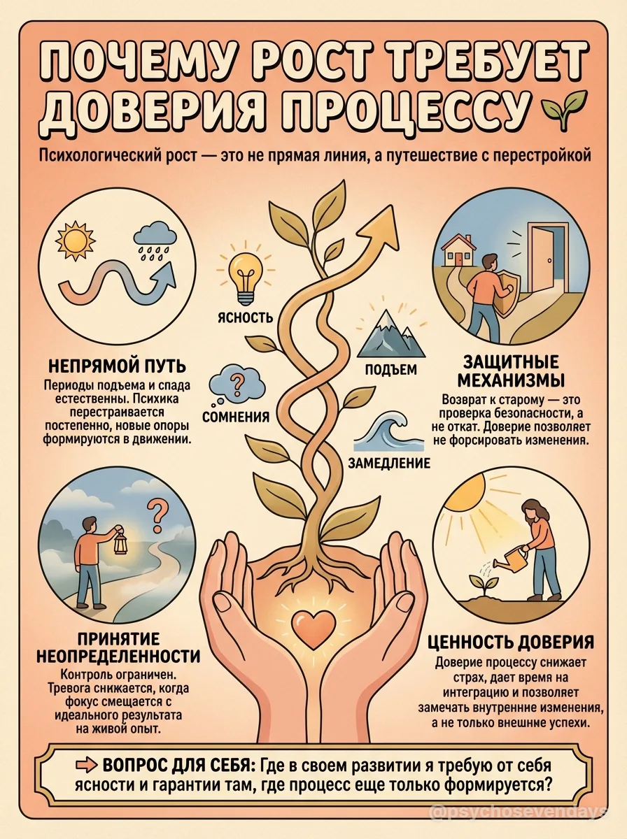 Почему рост требует доверия процессу 🌱

Психологический рост редко развивается по прямой линии. Он 