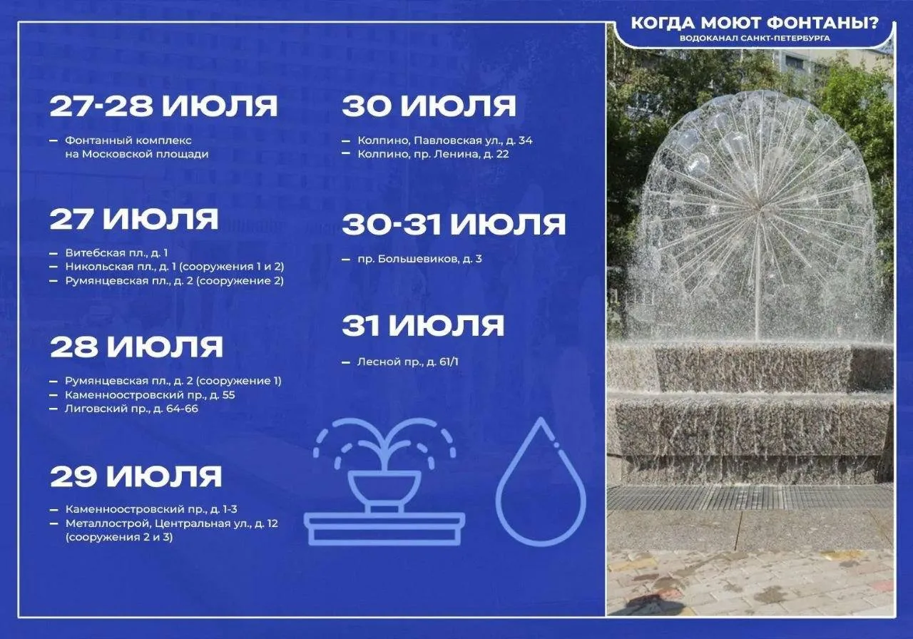 ⛲ Фонтаны Петербурга отправятся на плановую помывку

С 27 по 31 июля работу некоторых городских фонт