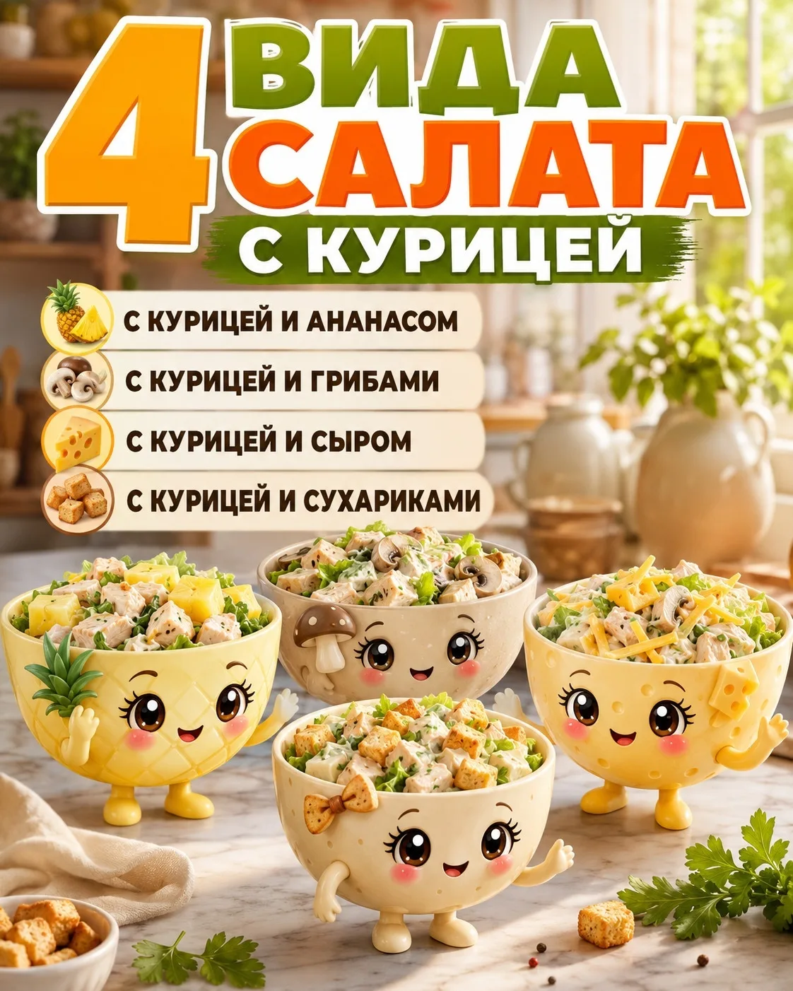 4 вкусных салата с курицей