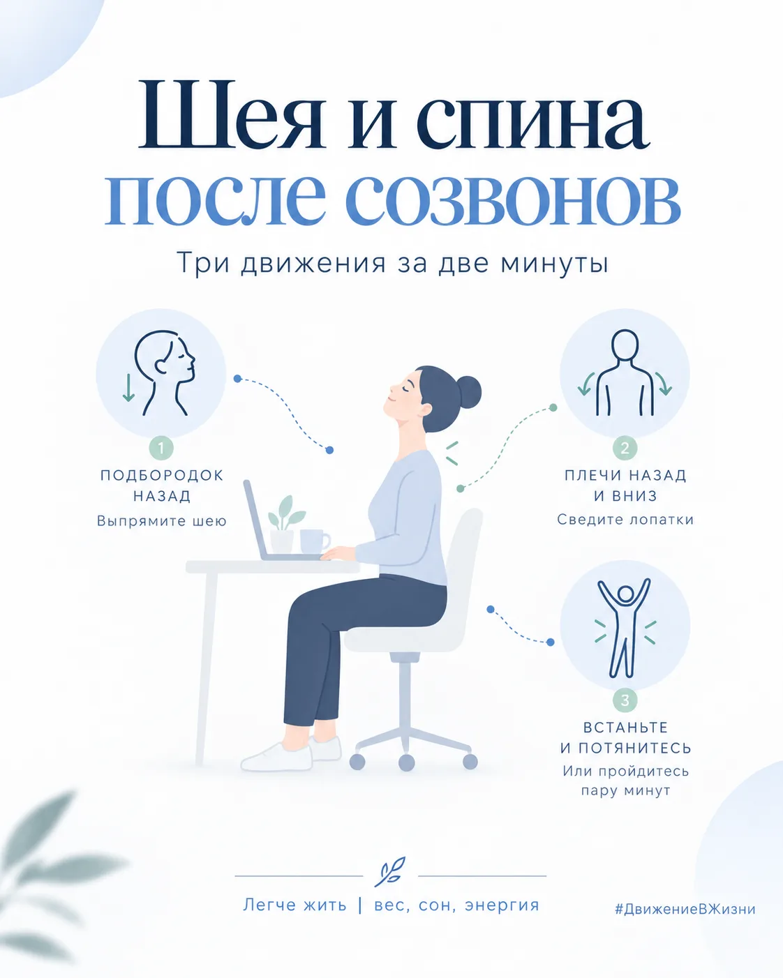Шея и спина после созвонов: три движения за две минуты
