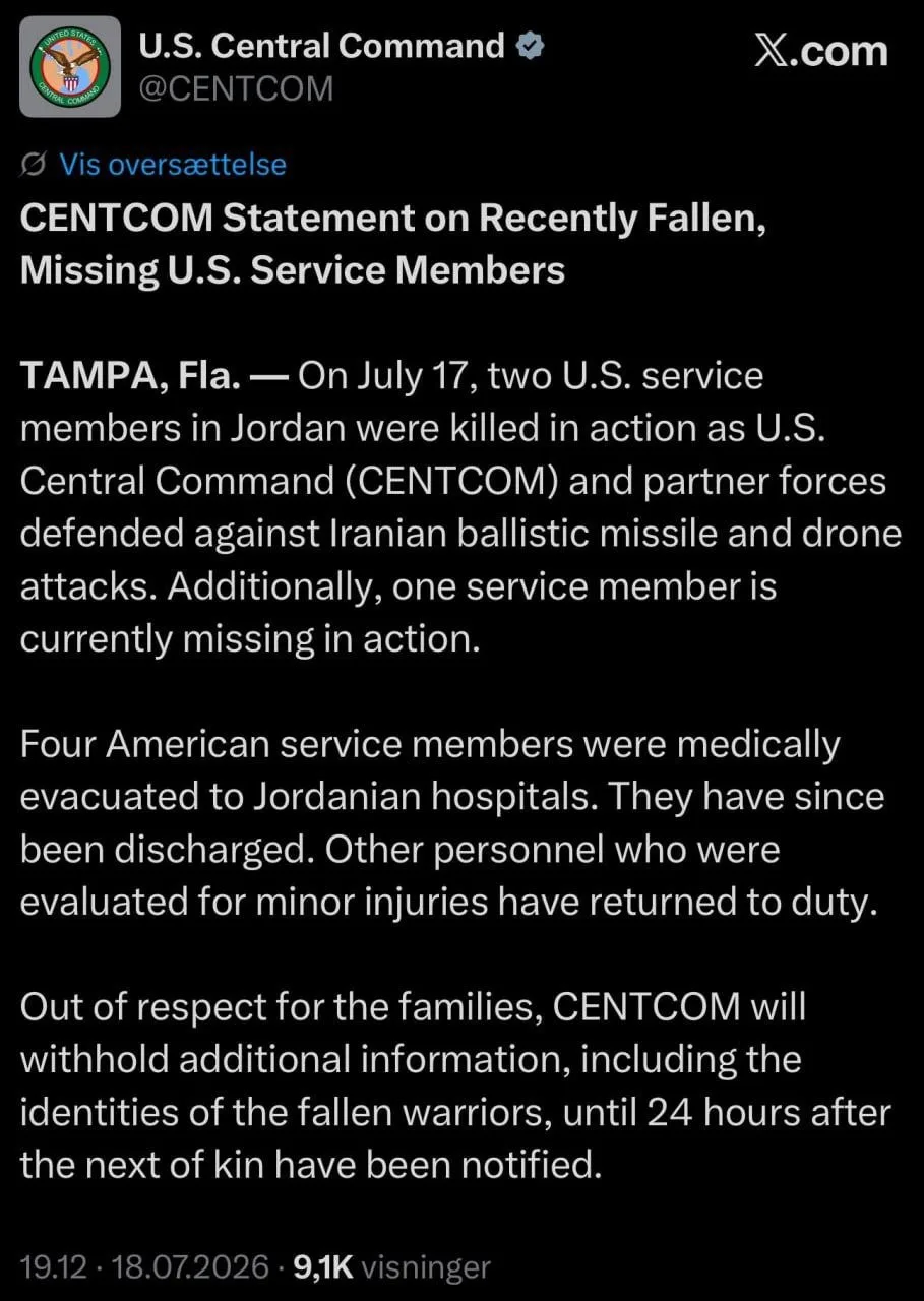 CENTCOM: двое военных США погибли, один пропал без вести при ударах Ирана по Иордании

«Четверо амер
