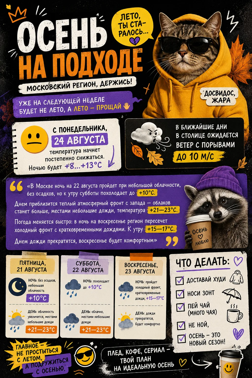 🍁 Осенняя погода придет в Москву уже на следующей неделе. С понедельника, 24 августа, ...