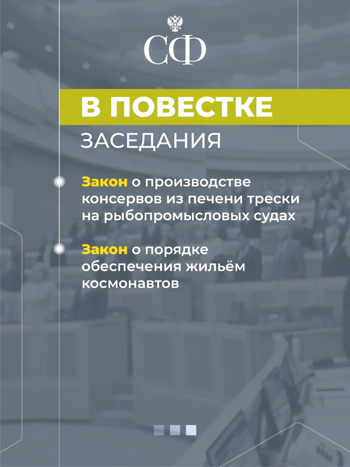 🔹 В начале заседания перед сенаторами выступит Председатель Совета представителей регионов Республик