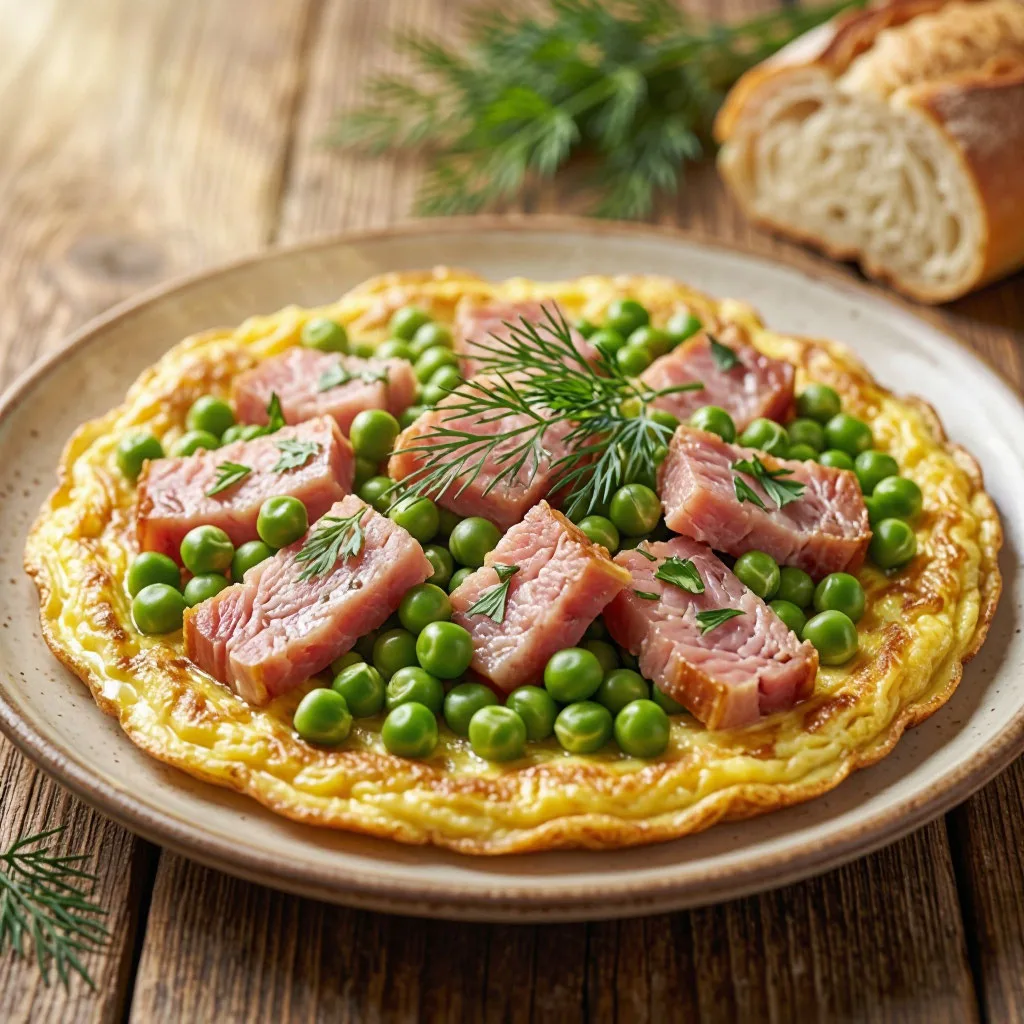 Завтрак: омлет с ветчиной и зелёным горошком