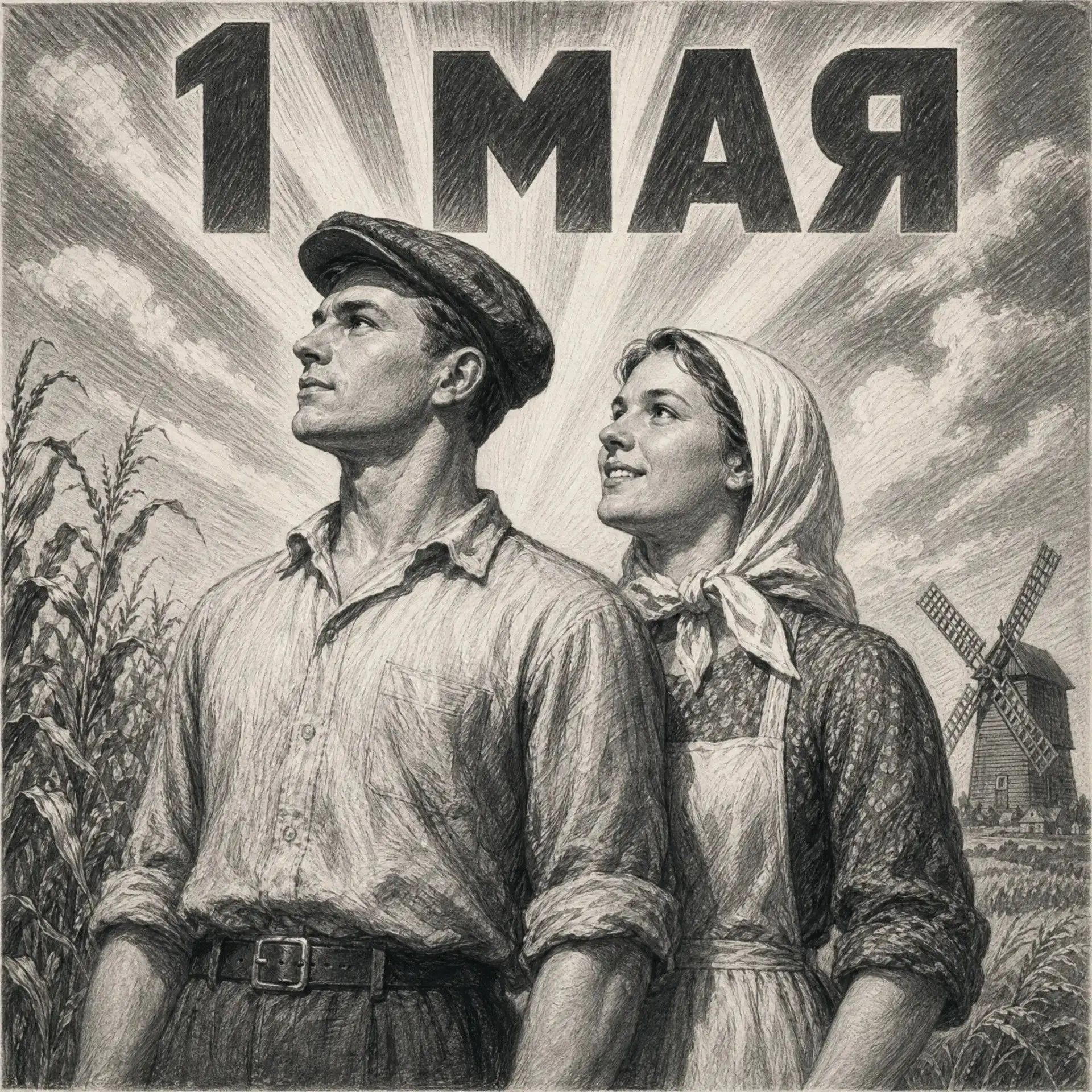 Винтажная чёрно-белая иллюстрация в стиле советского агитационного плаката 1930-х годов. Персонажи: 