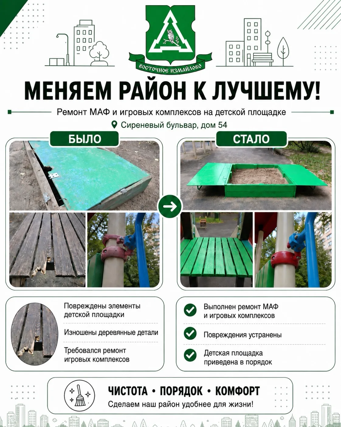 В районе Восточное Измайлово по адресу: Сиреневый бульвар, д. 54 провели ремонт детской...