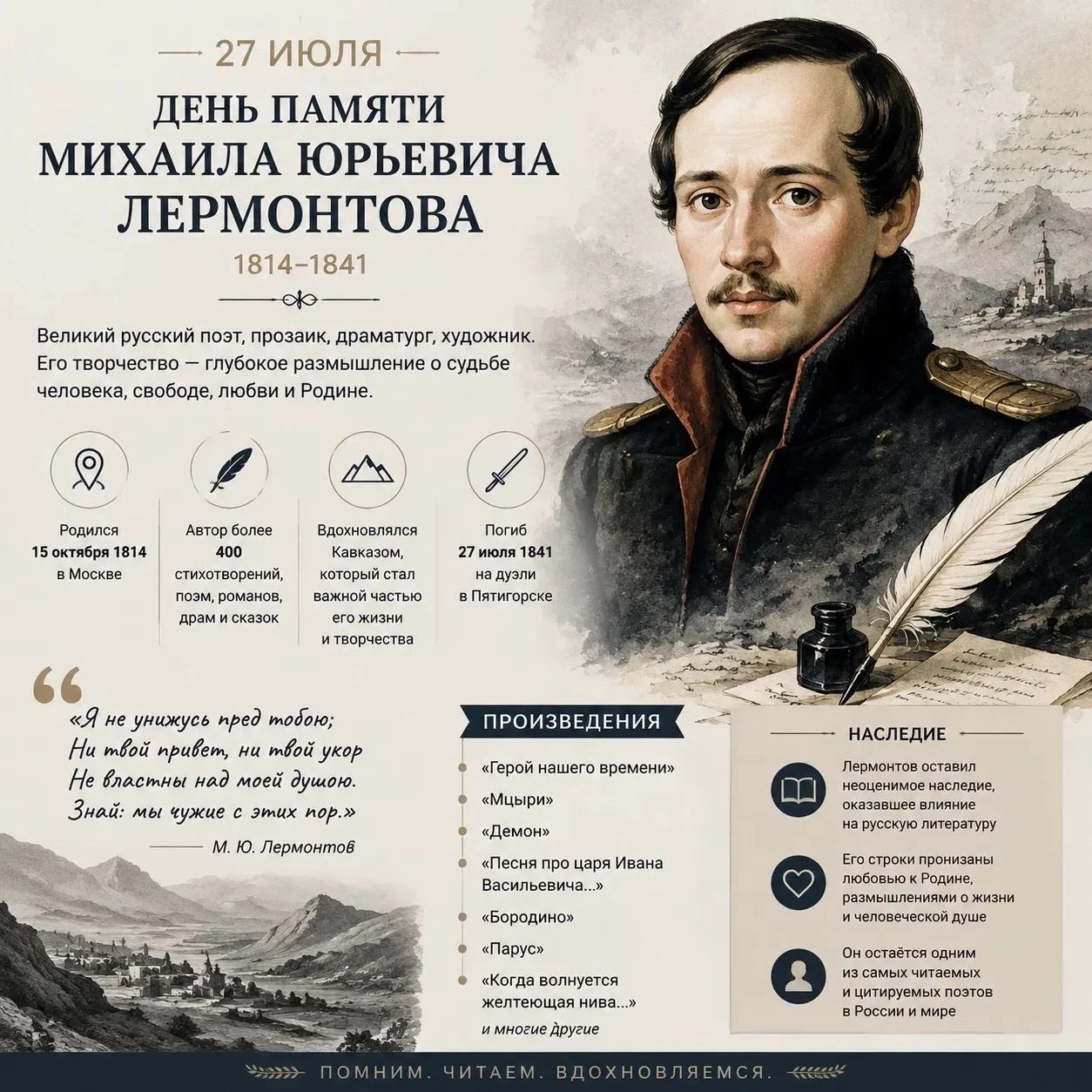 📝27 июля в нашей стране отмечается День памяти великого поэта и прозаика Михаила Юрьевича Лермонтов