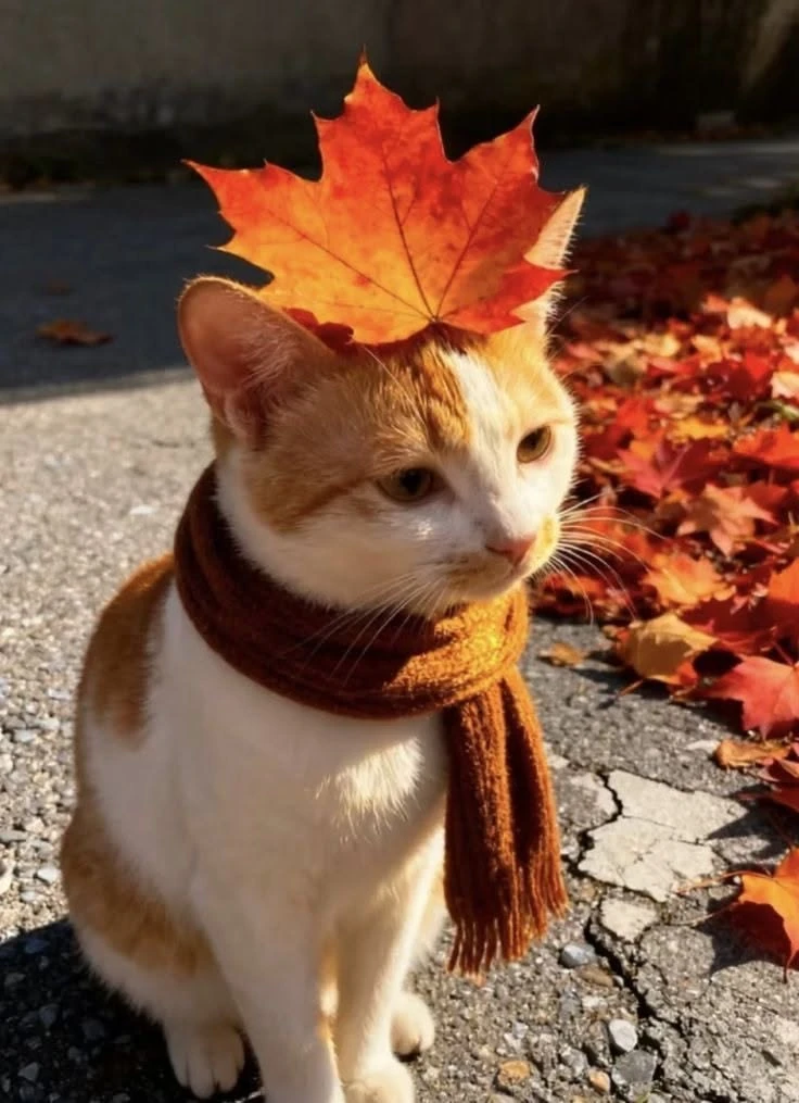 Доброе утро! 🍂 Котик шлёт осенний привет — у него на голове листик, будто стильная шап...
